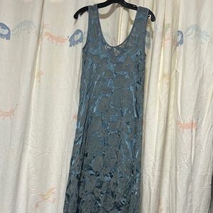 Textured Slate Blue Floral Maxi Dress - Sleeveless S